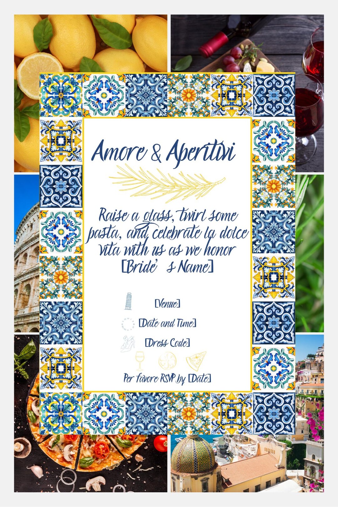 Italian Tile Bridal Shower Invitation | Amore & Aperitivi Editable ...