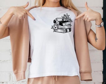 Floral Book Stack Pocket Tee – Minimalist Book Lover Shirt