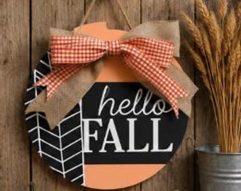 Rustic Hello Fall Wood Sign | Pumpkin Orange Decor, Burlap Bow