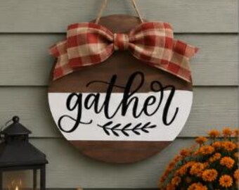 Farmhouse Gather Sign | Rustic Wood Decor with Plaid Bow