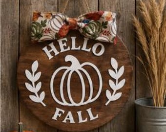 Hello Fall Pumpkin Sign | Wood Autumn Door Decor | Farmhouse Pumpkin Wreath Alternative