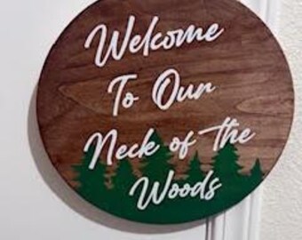Rustik välkomstskylt för stuga | Handgjord rund träskylt, skogsdesign