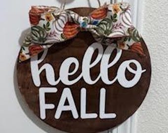Hello Fall Wood Door Sign | Rustic Autumn Farmhouse Decor
