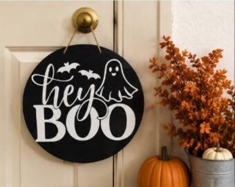 Hey Boo Ghost Wood Sign | Spooky Halloween Door Decor