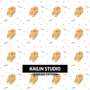 May include: A repeating pattern of gingerbread man cookies with white filling, red bows, and the word "Cookie" scattered across a white background. The design includes small colorful dots and the text "KAILIN STUDIO - SEAMLESS PATTERN".