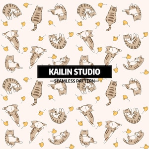 May include: Seamless pattern featuring cartoon cats in various poses, with brown and tan stripes, and yellow toy mice on a cream background. The text "KAILIN STUDIO - SEAMLESS PATTERN" is displayed in a black rectangle.
