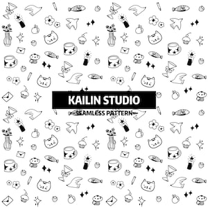 May include: Black and white seamless pattern featuring various doodle illustrations including cats, birds, flowers, cupcakes, cocktails, and stars. The pattern includes the text "KAILIN STUDIO" and "SEAMLESS PATTERN".