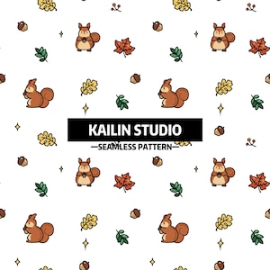 May include: A seamless pattern featuring cartoon squirrels, acorns, and autumn leaves in shades of brown, yellow, and green, set against a white background. The text "KAILIN STUDIO -SEAMLESS PATTERN-" is displayed in a black rectangle.