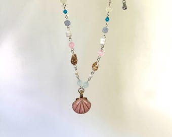 Beaded Seashell Pink and Blue Charm Necklace