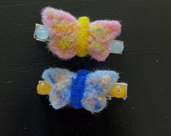 Butterfly Needle-felted Pink and Blue Hair Clips