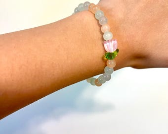 Beaded Tulip Pink, Blue, Yellow Bracelet