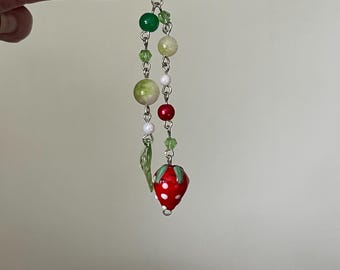 Beaded Strawberry Matcha Pink and Green Keychain