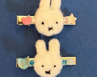Miffy Needle-felted Pink and Blue Hair Clips