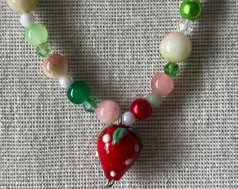 Beaded Strawberry Matcha Pink and Green Necklace