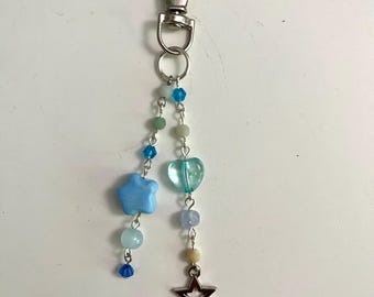 Beaded Star and Heart Blue Charm Keychain