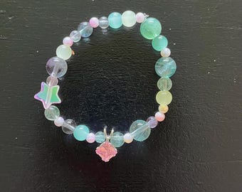 Beaded Green and Pink Star and Gem Charm Bracelet