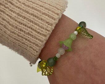 Beaded Green and Purple Leaf Charm Bracelet