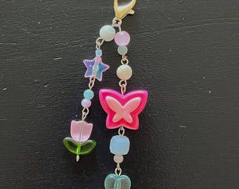 Beaded Flower, Star and Butterfly Blue and Pink Charm Keychain