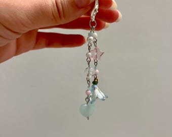 Beaded Flower, Star and Heart Blue and Pink Charm Keychain
