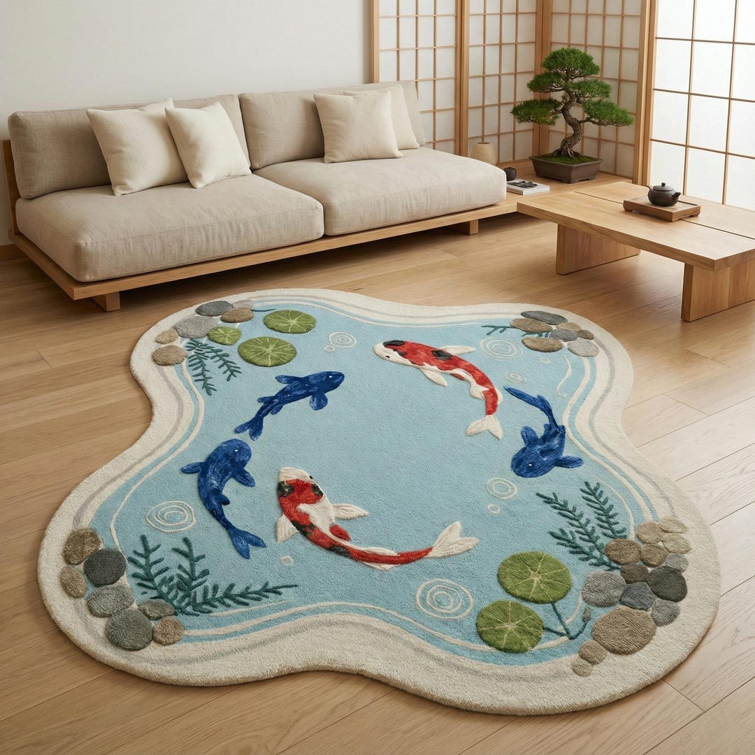 Pond Rug Design Hand Tufted Wool Koi Fish Rug – Japanese Garden Pond Design - Etsy