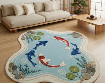 Hand Tufted Wool Koi Fish Rug – Japanese Garden Pond Design