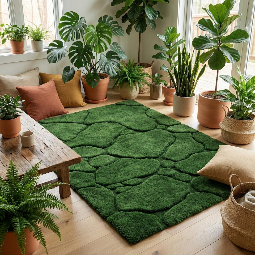 3D Moss Rug Hand Tufted Wool Area Carpet Sculpted Green Biophilic ...