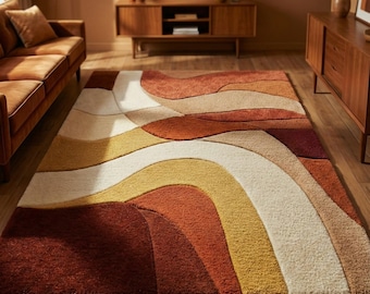 Hand Tufted Wool Area Rug – 70s Retro Wavy Earth Tone Carpet