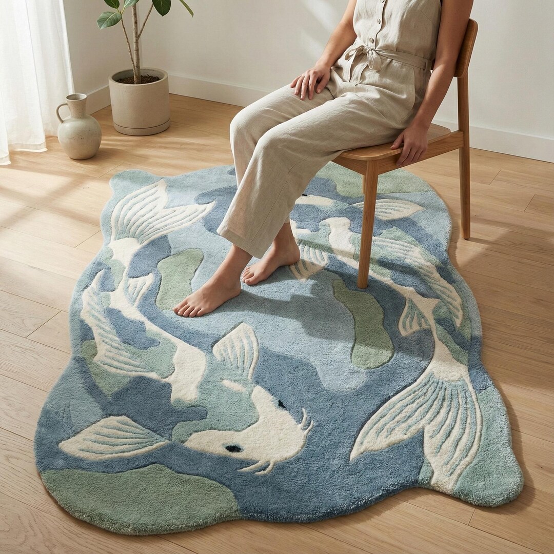 Fish Tuft Rug Hand Tufted Wool Koi Fish Rug | Japanese Art Carpet - Etsy