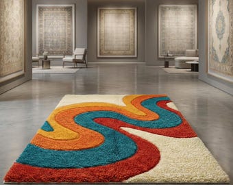 Retro 70s Wavy Rug | Hand Tufted Wool Area Rug | Abstract Mid Century Carpet.