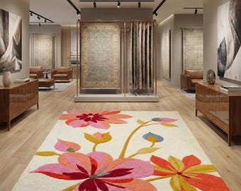 Floral Hand Tufted Wool Area Rug Botanical Flower Carpet Modern Living Room Rug