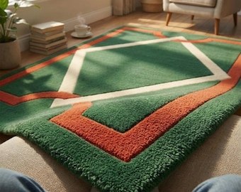 Art deco vloerkleed | Groen geometrisch tapijt | Vintage vloerkleed met ruitpatroon.