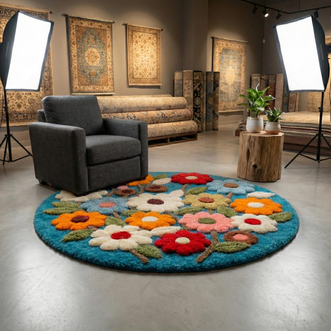 Round Floral Hand Tufted Wool Rug Retro Flower Power Boho Vintage ...