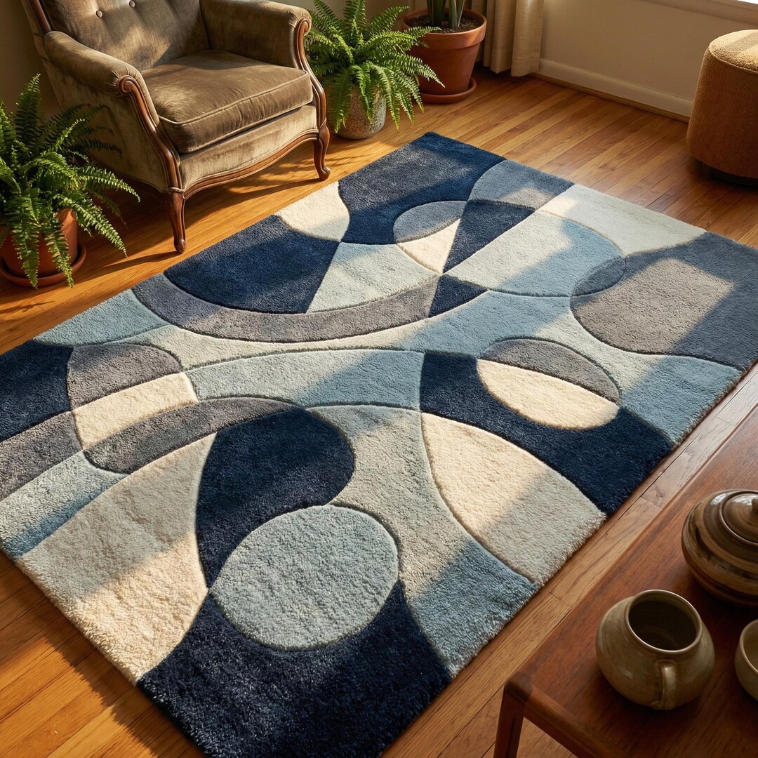 Abstract Blue Harmony Rug – Modern Geometric Wool Area Rug. - Etsy
