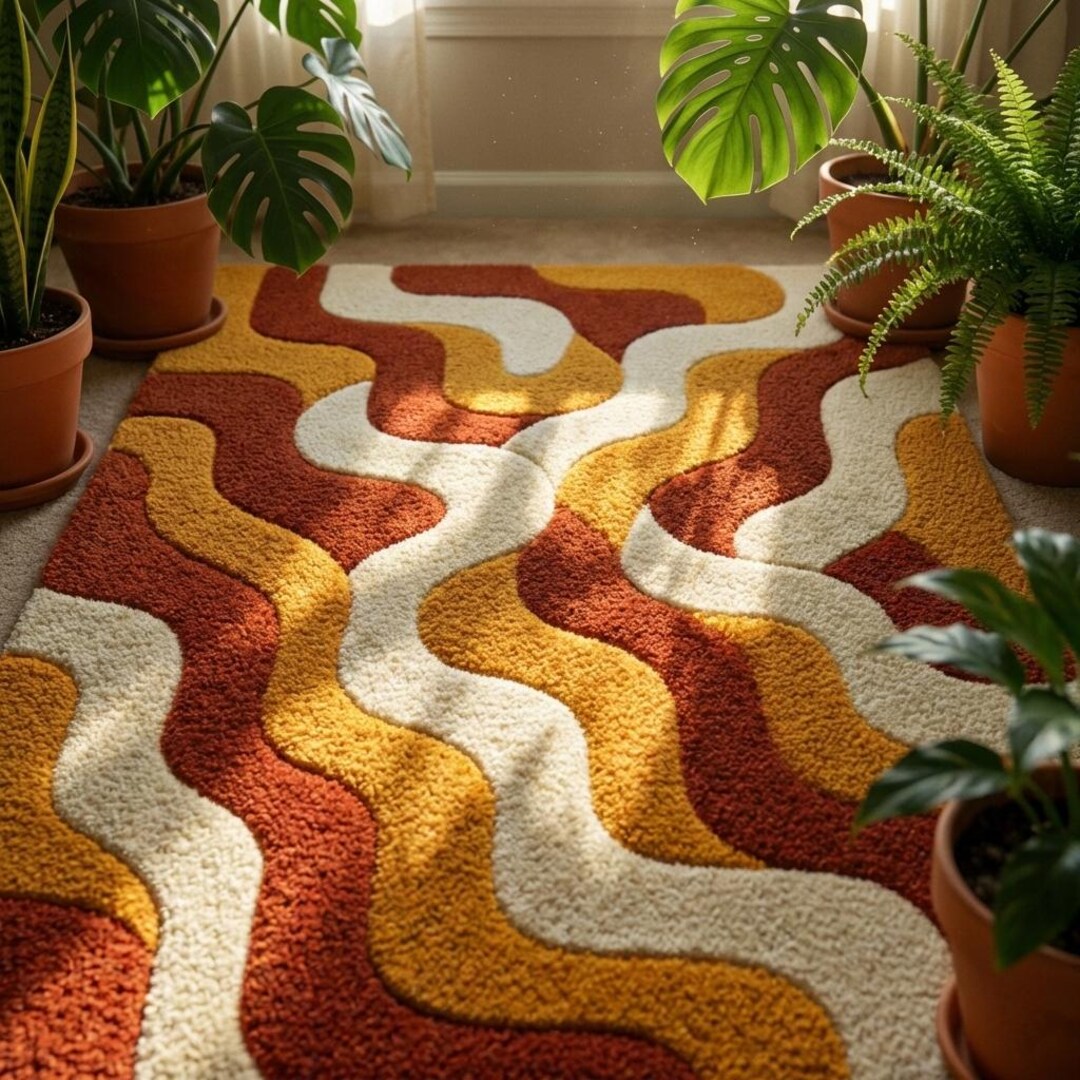 Wool Wave Rug Hand-tufted Retro Wave Wool Rug | 70s Mid-century Modern Area Living ...