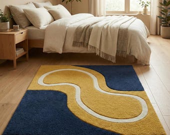 Modern abstract vloerkleed | Marineblauw mosterd geometrisch tapijt | Vloerkleed uit het midden van de eeuw.