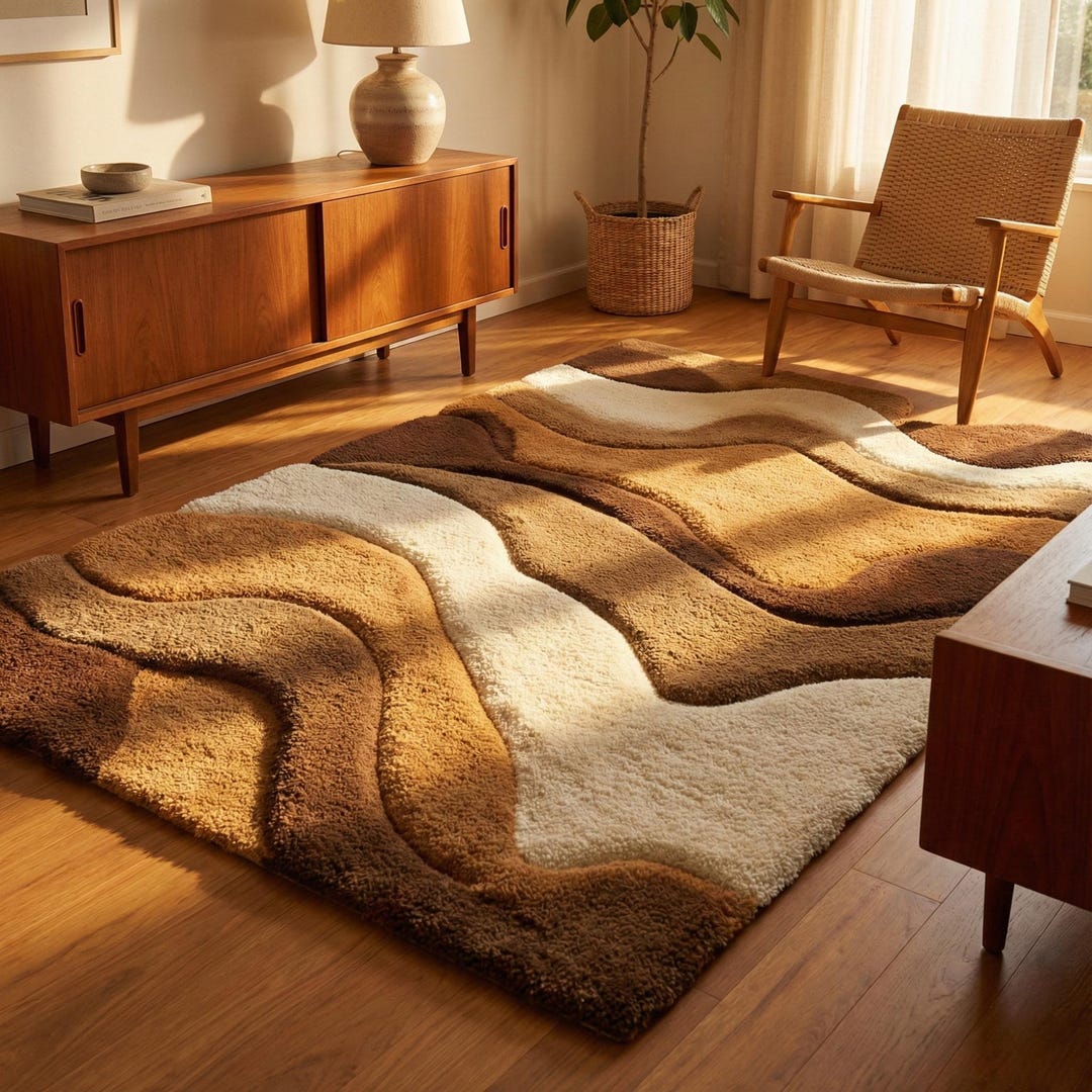 Abstract Wavy Hand Tufted Wool Rug Earth Tone Modern Sculpted Area ...