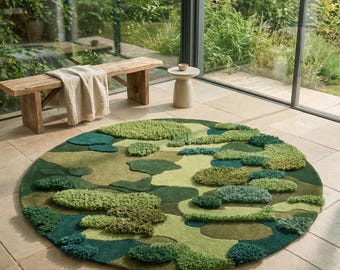 Hand-Tufted Wool Round Rug | 3D Sculpted Moss Green