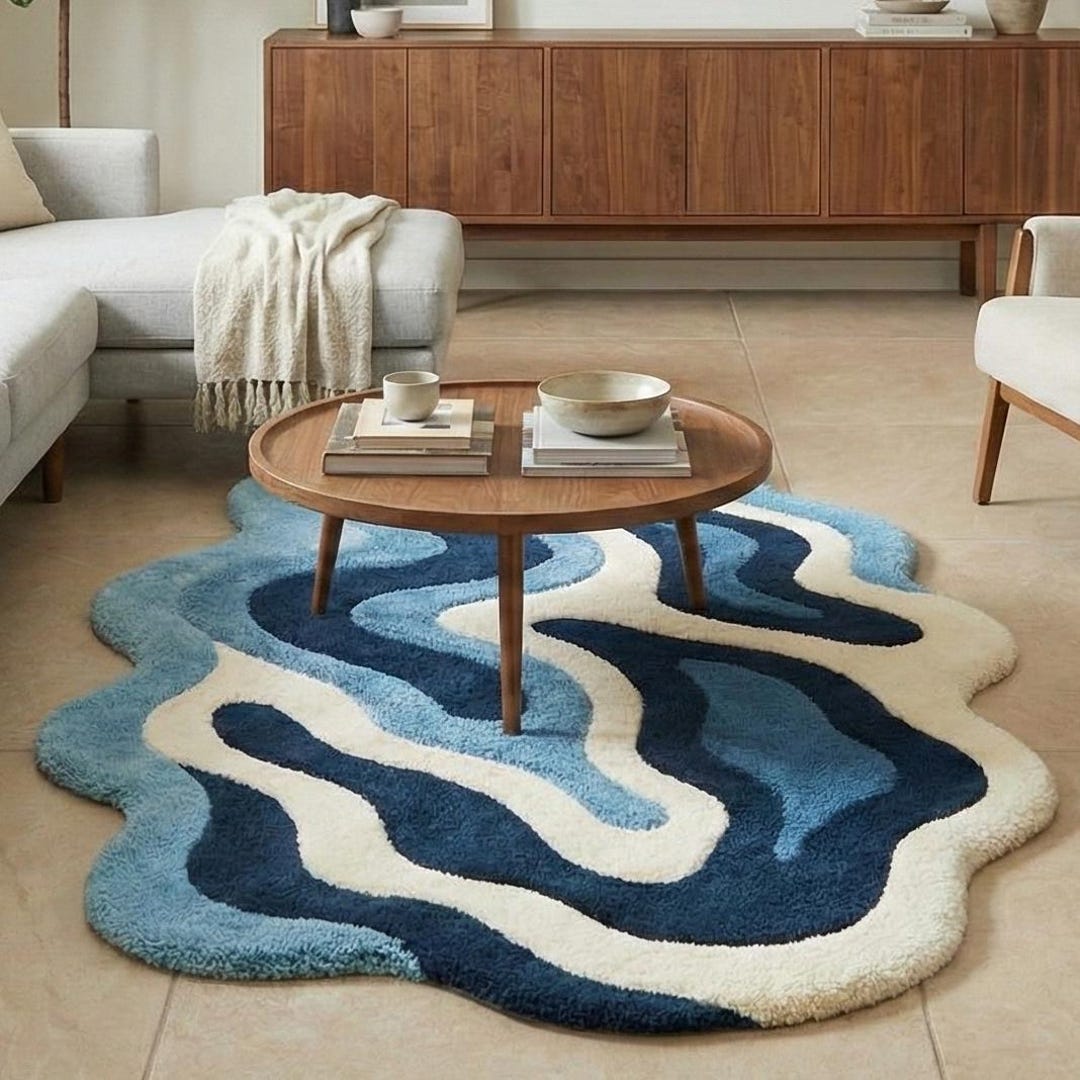 Water Rug Design Blue Wavy Rug –abstract Water Ocean Flow Hand-tufted Wool Carpet ...
