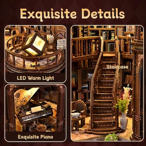 May include: A detailed miniature wooden library scene with a staircase, piano, and LED warm light. The scene includes a piano with a detailed design, a staircase, and a warm light fixture. The text "Exquisite Details" is at the top.