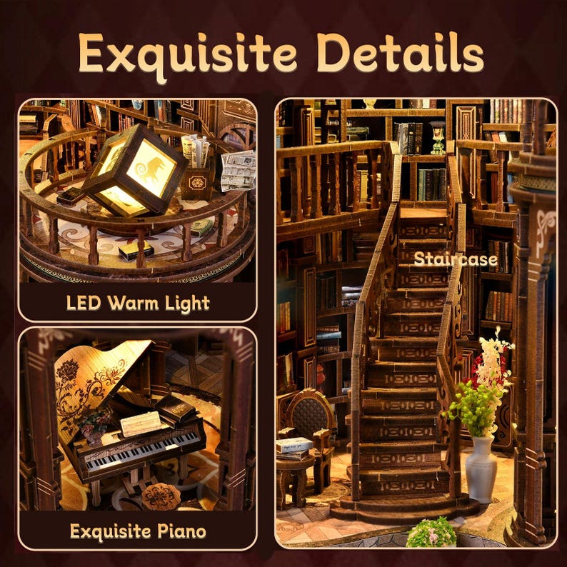 May include: A detailed miniature wooden library scene with a staircase, piano, and LED warm light. The scene includes a piano with a detailed design, a staircase, and a warm light fixture. The text "Exquisite Details" is at the top.