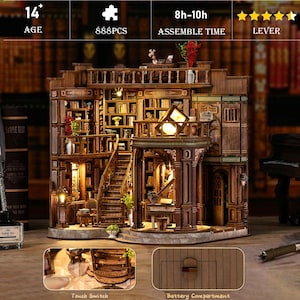 May include: A wooden miniature library model with intricate details, including bookshelves, stairs, and a balcony. The model has a warm, brown color and includes the text "14+ AGE", "888PCS", and "8h-10h ASSEMBLE TIME". It features a touch switch and a battery compartment.