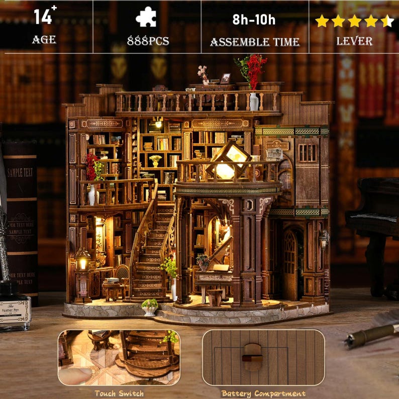 May include: A wooden miniature library model with intricate details, including bookshelves, stairs, and a balcony. The model has a warm, brown color and includes the text "14+ AGE", "888PCS", and "8h-10h ASSEMBLE TIME". It features a touch switch and a battery compartment.