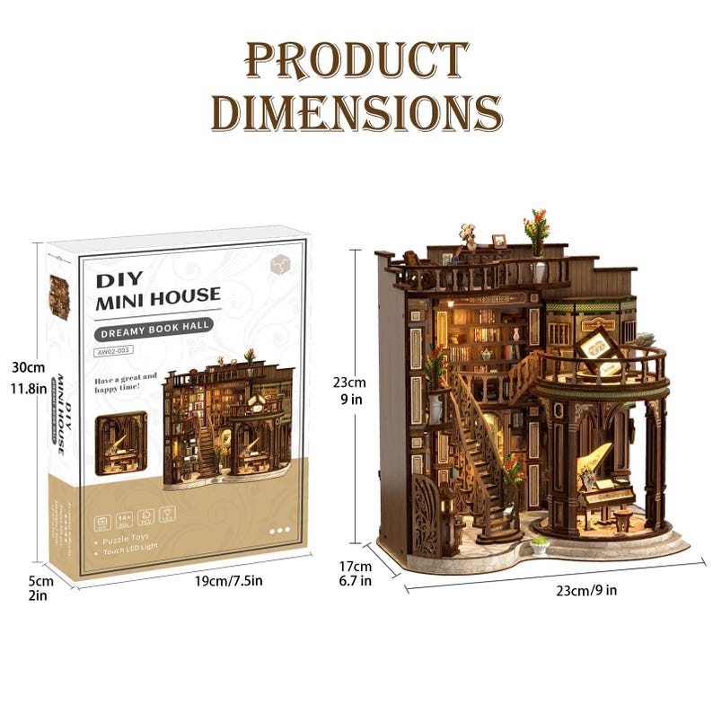 May include: A DIY Mini House kit, Dreamy Book Hall, with dimensions shown. The assembled wooden model features a detailed library design with a staircase, piano, and decorative elements. The box is 11.8 inches tall, and the model is 9 inches tall.