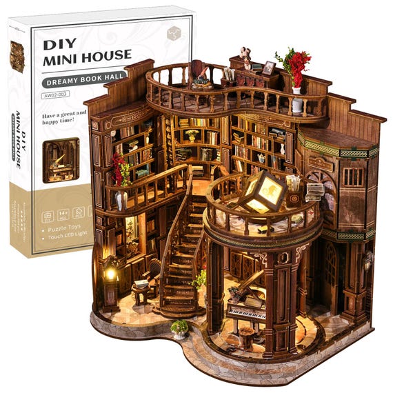 DIY Book Nook Kit 3D Wooden Puzzle Miniature House Bookshelf Insert Dollhouse with LED Light, Creative Booknook for Adult - Dreamy Book Hall