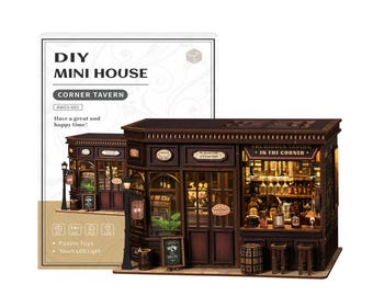 Book Nook Kit for Adults DIY 3D Wooden Miniature House Dollhouse with LED Lights, Creative Birthday Gift for Friends & Family, Corner Tavern