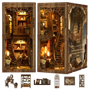 May include: A detailed wooden bookshelf diorama with interior lighting, featuring miniature books, stairs, and furniture. The design includes a quote: "A free man obtains knowledge from many sources besides books."
