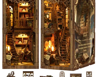 Book Nook Kits DIY Miniature House 3D Wooden Puzzles Booknooks Dollhouse Bookend Bookshelf with LED Light Gift- Ancient Book Collection Room