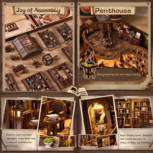 May include: Wooden model kit of a miniature library with intricate details. The kit includes various components like bookshelves, furniture, and decorative elements. The image also shows a completed model of a penthouse library with a curved design and detailed interior.