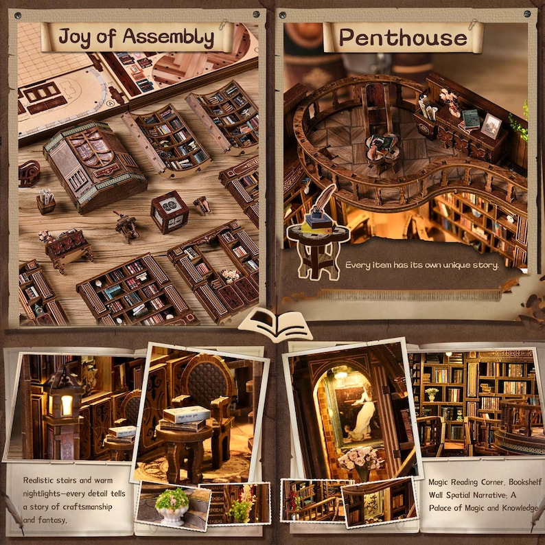 May include: Wooden model kit of a miniature library with intricate details. The kit includes various components like bookshelves, furniture, and decorative elements. The image also shows a completed model of a penthouse library with a curved design and detailed interior.