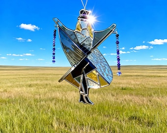 Ręcznie robiony witrażowy wirujący stroik, łapacz słońca w stylu boho z tańczącą damą, wisząca ozdoba inspirowana Stevie Nicks do okna, ogrodu lub na werandę